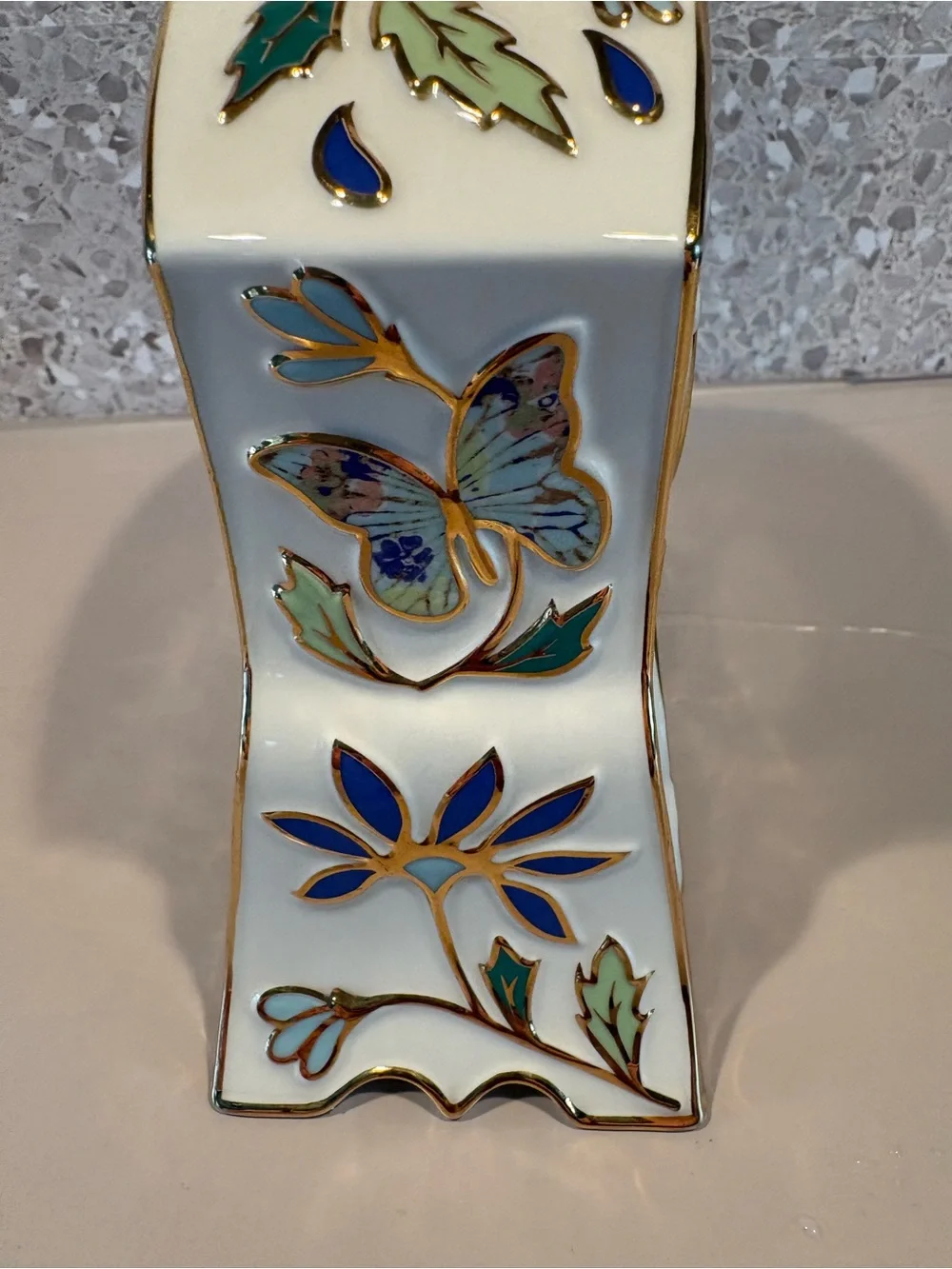 Lenox Gilded Garden porcelain desk clock feat Blue Floral & butterflies